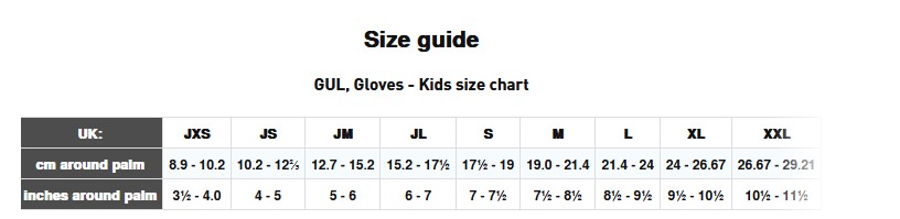 GUL JUNIOR SAILING GLOVES 0 Tabla de Tallas